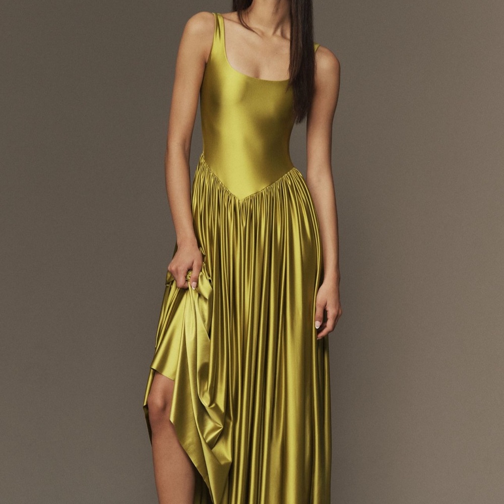 Delfi Oriana Drop-waist Elegant Satin Green Dress